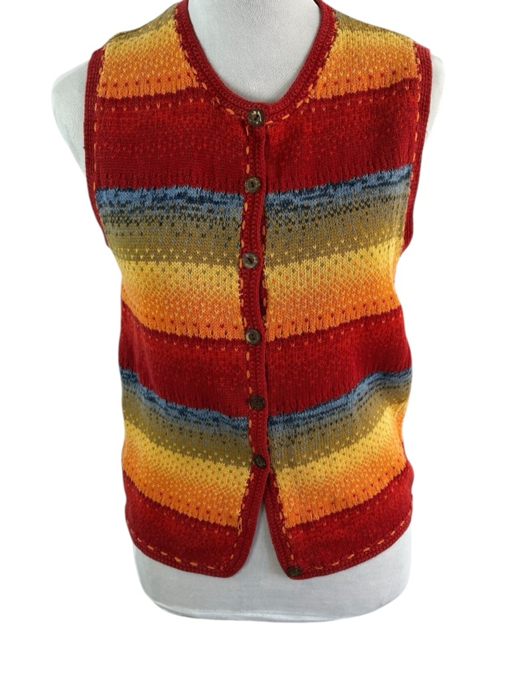 Striped Knit Button-Front Vest in Red & Yellow Vintage Boho Earth Tone Retro